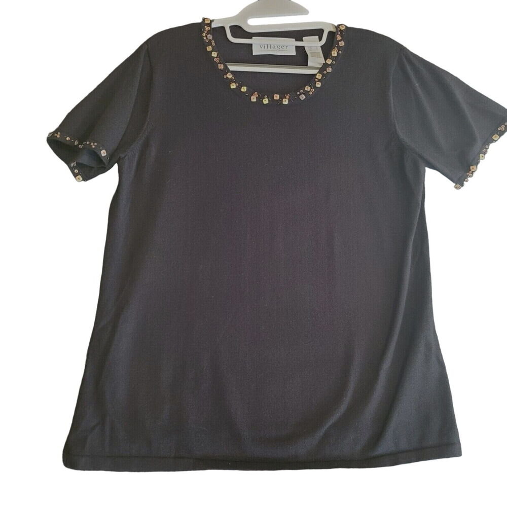 Villager Womens Blouse Black Size Large Rayon Blend Pullover Short Sleeve